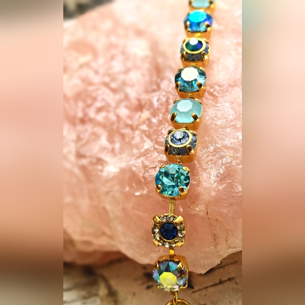 Aquamarine Light Blue Flower Crystals AB In Classic Tennis Gold Plated Bracelet - Picture 5 of 7